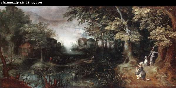 Claes Dircksz.van er heck A wooded landscape with huntsmen in the foreground,a town beyond