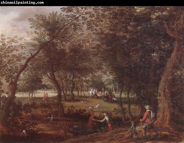 David Vinckboons A wooded river landscape with saint john the baptist preaching inthe distance