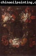 Gaspar Peeter Verbrugghen the younger Still life of a garland of flowers surrounding a niche containing a statue of the immaculate conception