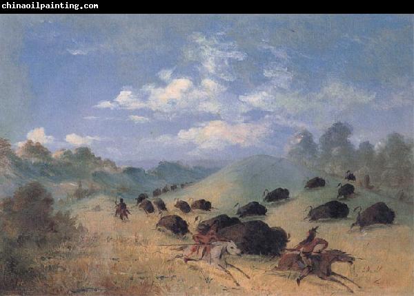 George Catlin Comanche Indians Chasing Buffalo with Lances and Bows