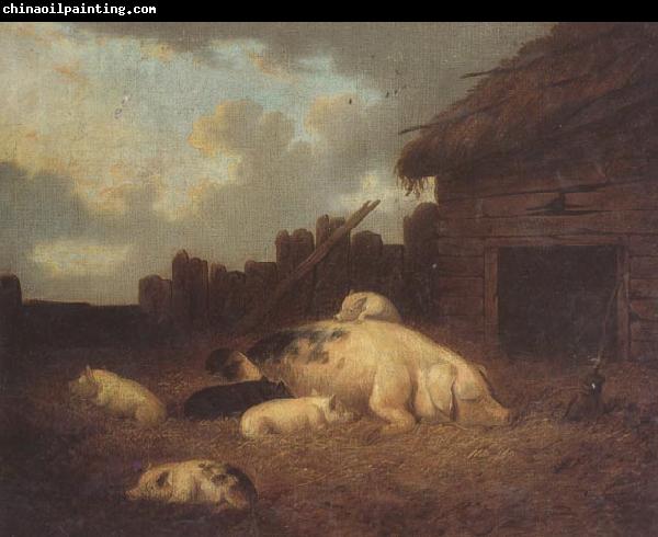 George Morland A Sow and Her Piglets in a Farmyard