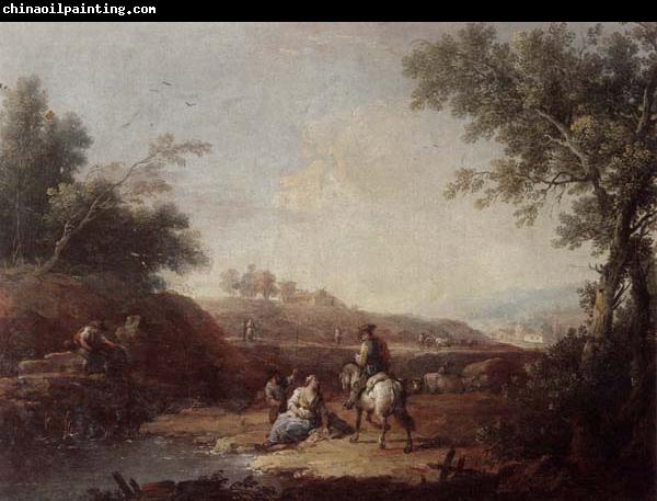 Giuseppe Zais An italianate landscape with fishermen and travellers resting beside a pool