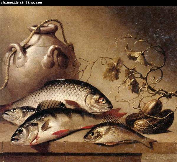 Harmen van Steenwyck Still life of freshwater fish,together with an earthenware pot and ghrkins,upon a stone ledge