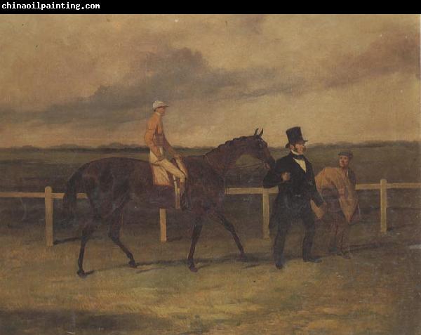 Harry Hall Mr J B Morris Leading his Racehorse 'Hungerford' with Jockey up and a Groom On a Racetrack