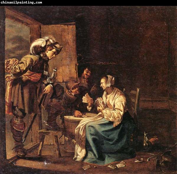 Jacob Duck Interior with soldiers and a woman playing cards,an officer watching from a doorway