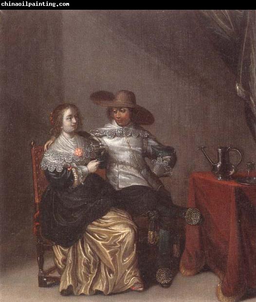 Laurentius de Neter An interior with a soldier makng advances to a lady,deside a table draped with a red cloth,with a pewther jug and an upturned roemer on a pewter dish