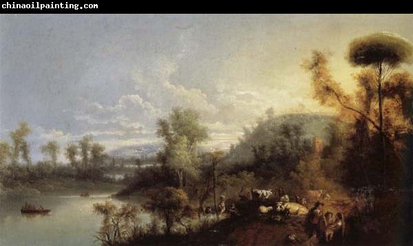 Manuel Barron Y Carrillo River Landscape with Figures and Cattle