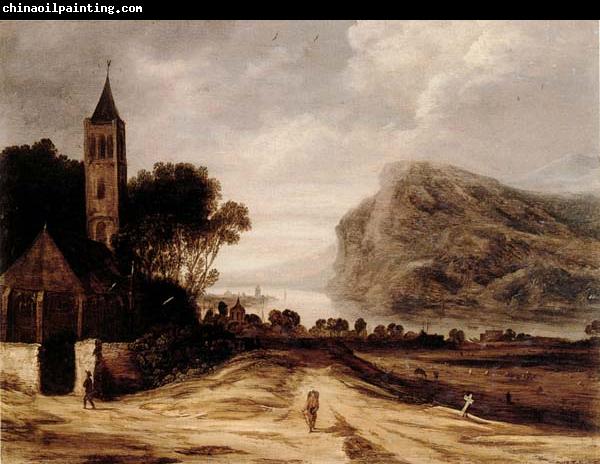 Philippe de Momper An extensiver river landscape with a church,cattle grazing and a traveller on a track