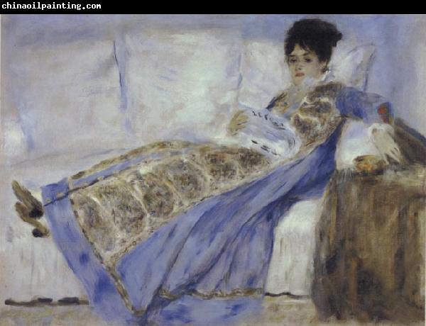 Pierre Renoir Madame Monet Reclining on a Sofa Reading Le Figaro