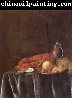 Pieter Gijsels Still life of a lemon,hazelnuts and a crab on a pewter dish,together with a lobster,oysters two wine-glasses,green grapes and a stoneware flagon,all u