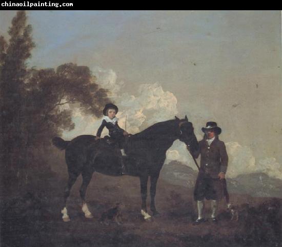 Thomas Gooch A Child on A Hunter Held by a Groom and Tow Terriers in a Landscape