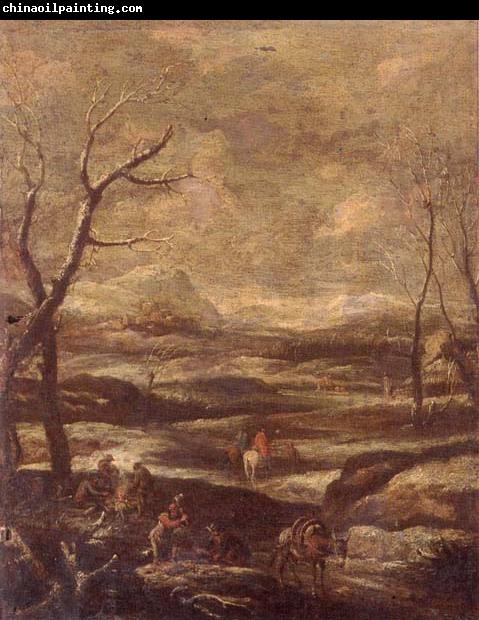 unknow artist A winter landscape with woodcutters and travellers