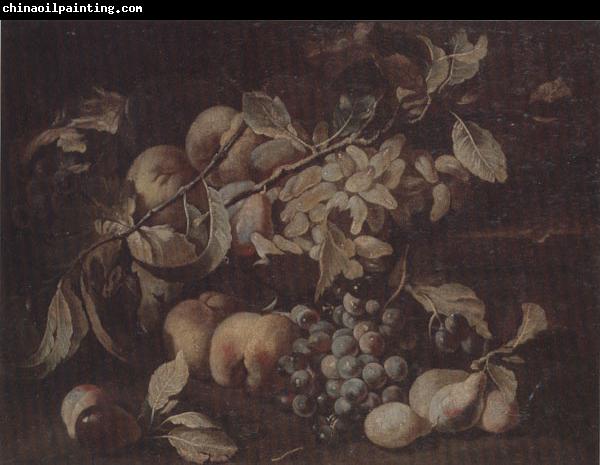 unknow artist Still life of red and white grapes,peaches and plums,on a stone ledge