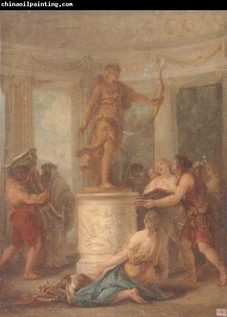 unknow artist Interior of a classical temple,with hunters making an offering to a statue of diana