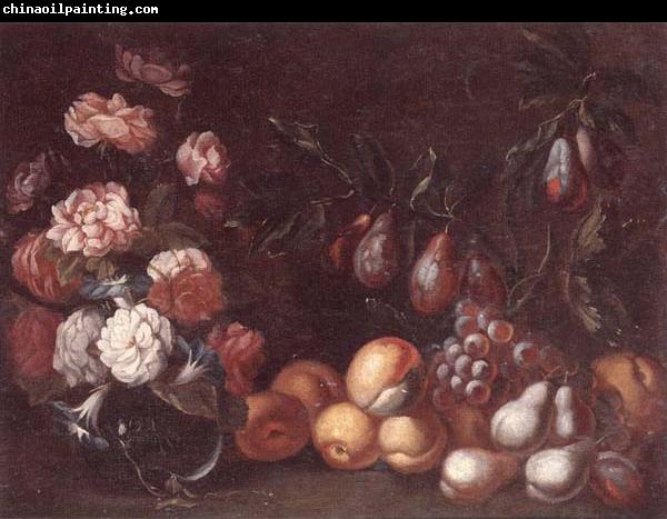 unknow artist Still life of Roses and convulvuli in a Glass vase,Together with peaches,grapes,pears and plums