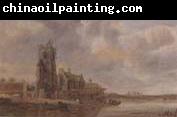 unknow artist A river landscape with flgures unloading boats before a church