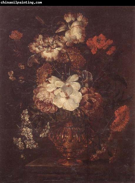 unknow artist Still life of Roses,Carnations,Daisies,peonies and convulvuli in a gilt vase,upon a stone ledge