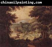 unknow artist a wooded landscape with a hunting party at the edge of a lake,a castle beyond