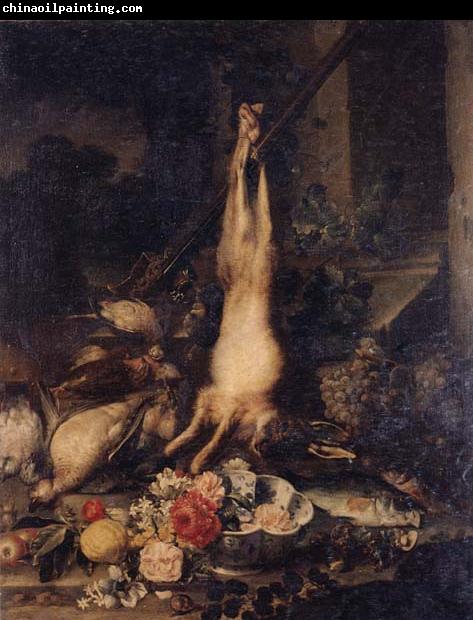 unknow artist Still life of a hare,fish,fruit and flowers by a stone pillar,a landscape beyond