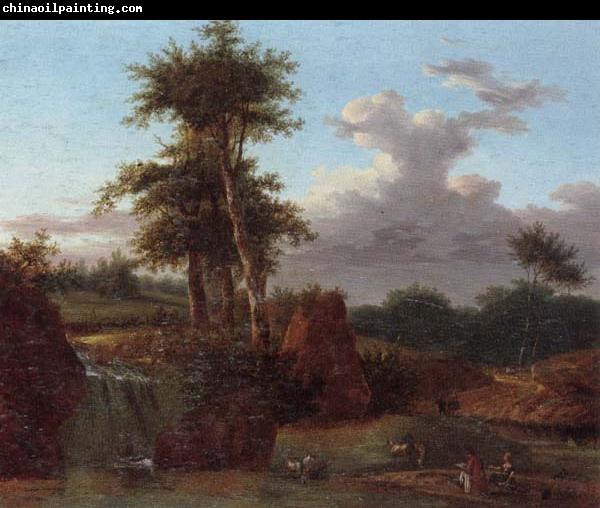 unknow artist A Wooded landscape with an artist sketching at the base of a waterfall,anmals drinking in a pool nearby