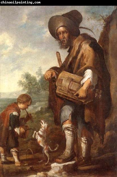 unknow artist A Blind man playing a hurdy-gurdy,together with a young boy playing the drums,with a dancing dog