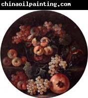 unknow artist A still life of peaches and plums in a glass bowl,grapes,a melon and a pomegranate