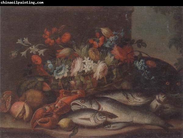 unknow artist Still life of a basket of flowers,fruit,lobster,fish and a cat,all upon a stone ledge