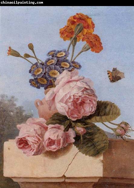 unknow artist Still life of roses,carnations and polyanthers in a terracotta urn,upon a stone ledge,together with a tortoiseshell butterfly