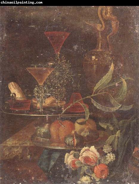 unknow artist Still Life of wine-glasses,a decanter,a glass bowl,sweet breads,figs and peaches upon pewter plates,together with a gilt ewer and flowers,all upon a m