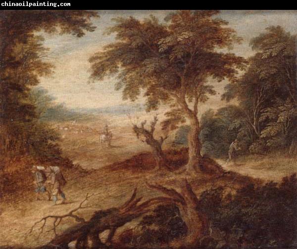 unknow artist A wooded landscape with travellers and a horseman on a track