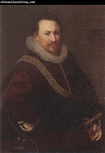 unknow artist Portrait of a Gentleman,half-length,wearing a crimson jacket,with a black mantle