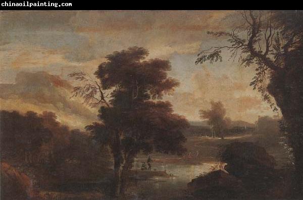 unknow artist A Wooded landscape with figures bathing and resting on the bank of a river