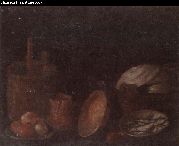 unknow artist Still life of apples and herring in bowls,a beaten copper jar,a pan and other kitchen implements