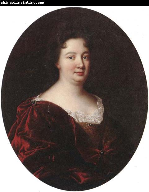 unknow artist Portrait of a landy,said to be marie de pontchartrin,half length,wearing a red velvet mantle over a gold braided dress and lace shirt