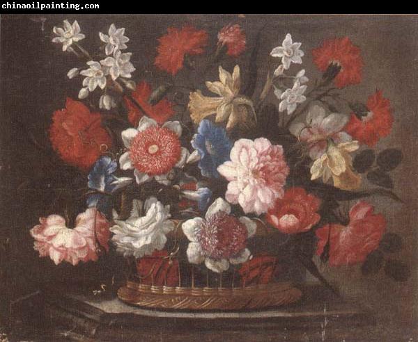 unknow artist Still life of various flowers in a wicker basket,upon a stone ledge