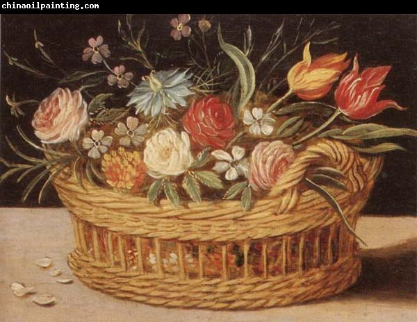 unknow artist Still life of roses,tulips,chyrsanthemums and cornflowers,in a wicker basket,upon a ledge