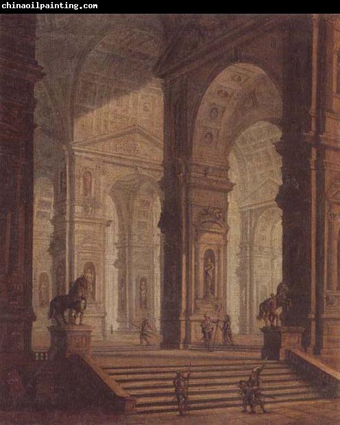 unknow artist The interior of a classical building,with soldiers guarding the entrance at the base of a set of steps