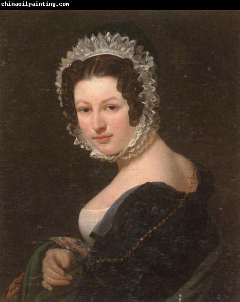 unknow artist Portrait of a young lady,half-length,wearing a black dress,with a green mantle,and a lace bonnet