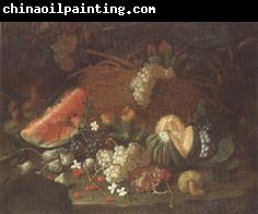 unknow artist Still life of a watermelon,red and white grapes,figs,cherries,mushrooms,a melon,and a basket with vine-leaves,upon a ledge