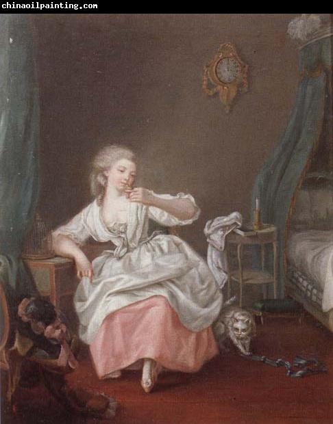 unknow artist A bedroom interior with a young girl holding a song bird