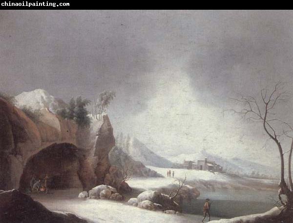 unknow artist A winter landscpae with travellers gathered aroubnd a fire in a grotto,overlooding a lake,a monastery beyond