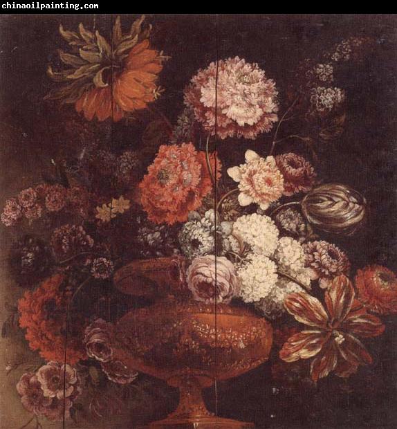 unknow artist Still life of chrysanthemums,lilies,tulips,roses and other flowers in an ormolu vase