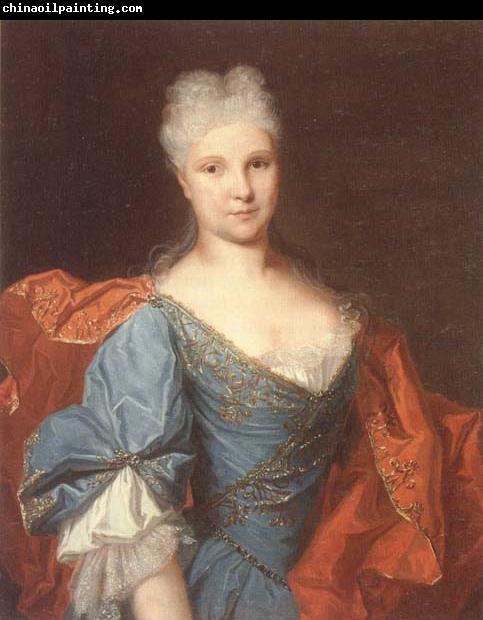 unknow artist Portrait of a lady,half-length,wearing a blue embroidered dress with a scarlet mantle