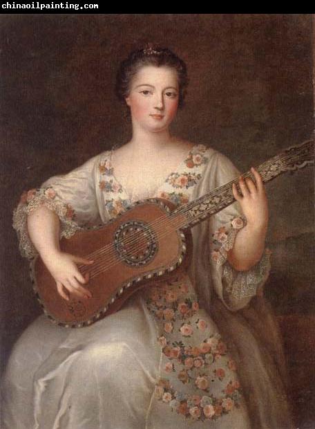 unknow artist Portrait of a young lady,three-quarter length,wearing a floral and ivory lace-trimmed dress,playing the guitar