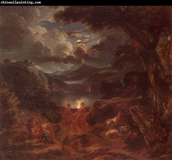 unknow artist A pastoral scene with shepherds and nymphs dancing in the moonlight by the edge of a lake