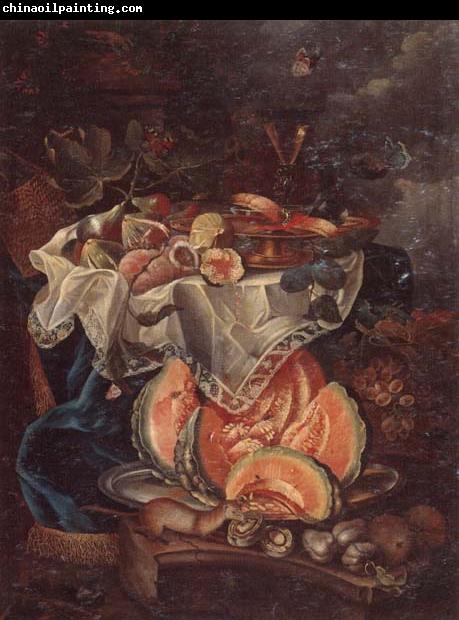 unknow artist Still life of grapes,sweet breads and a glass of wine upon a gilt tazza,set upon a table draped with a blue rug,together with figs and peaches,beneath