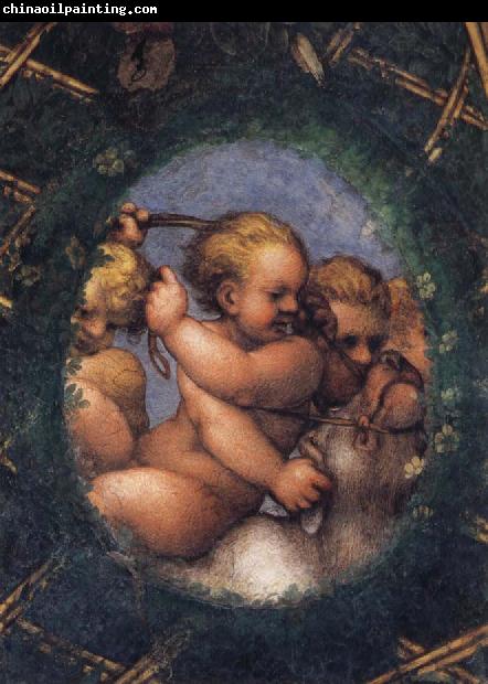 Correggio Two ovals depicting a putto with a stag's head and a putto with a greyhound