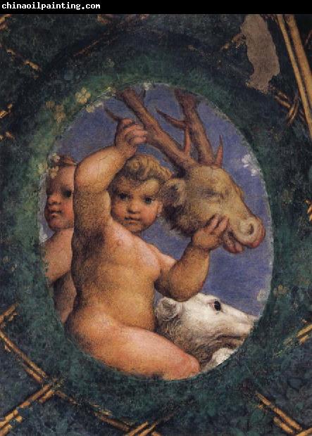 Correggio Two ovals depicting a putto with a stag's head and a putto with a greyhound