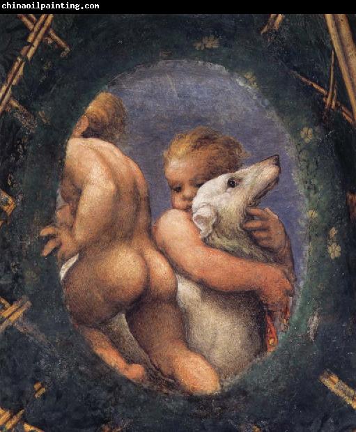 Correggio Detail of an oval with a putto embracing a dog