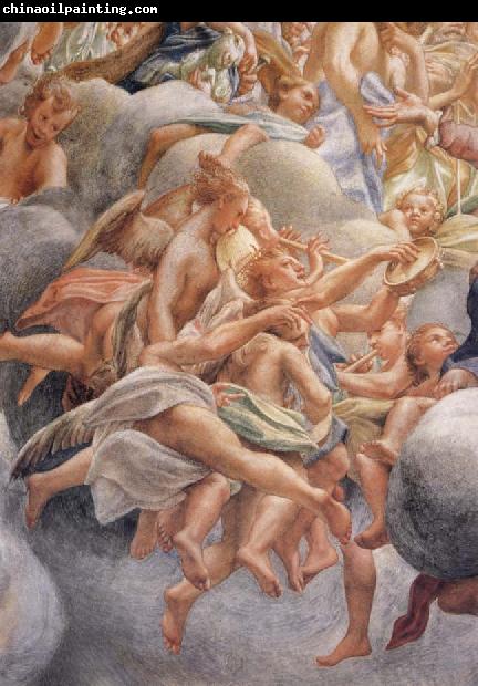 Correggio Assumption of the Virgin,details with angels bearing musical instruments